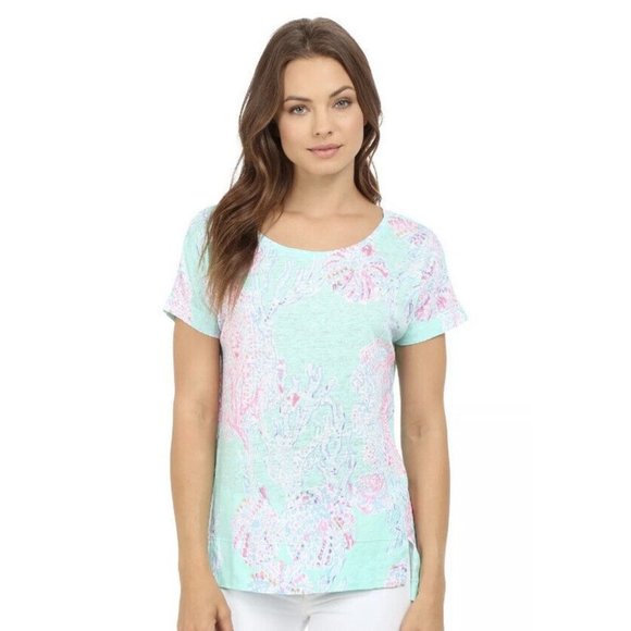 Lilly Pulitzer Top Size XS Mikela Minty Fresh Fansea Print 100% Linen Excellent - Picture 8 of 9